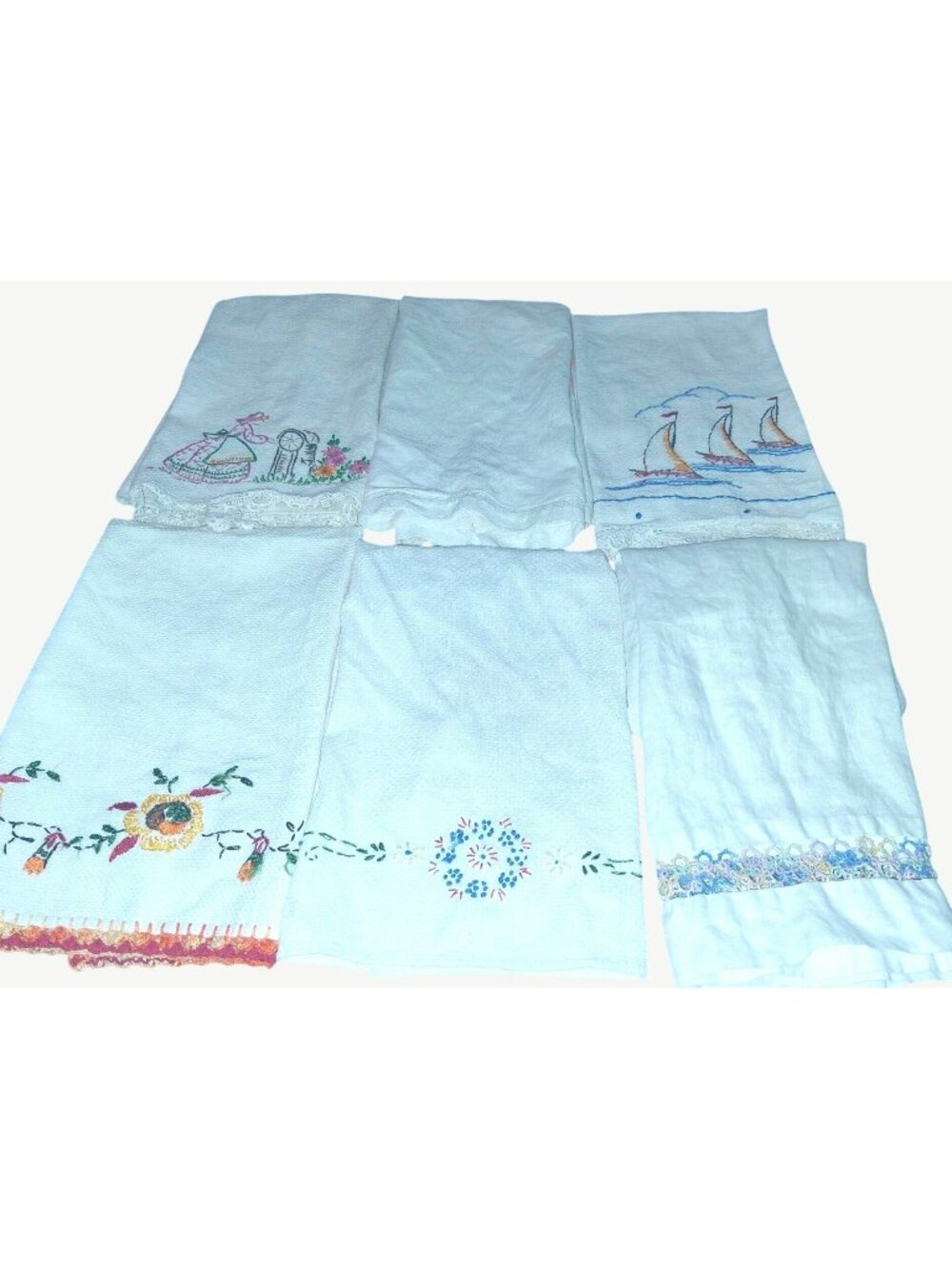 Vintage Hand-Embroidered Linen Tea Towels Set 6 Lace Trim Floral Nautical Countr